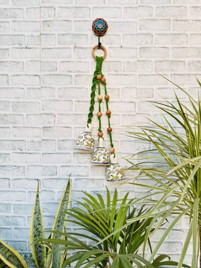 Image of Crafty Co. Decorative Wall & Door Hanging Toran with Bells for Home Entrances (Green)- Bunch of 3 Big Bells | Macrame Wall Hanging Toran for Diwali, New Year, Festive Decoration, Balcony & Door Decor
