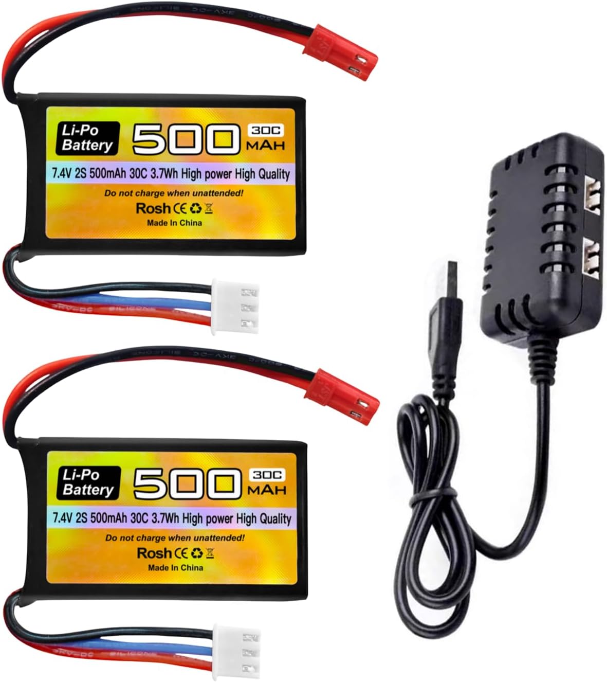 sea jump 2PCS 7.4V 500mAh 30C Lipo Battery JST-2P Plug with 2-in-1 Charger for RC Helicopters,Quadcopters,Micro FPV Racing Cars,Drones,RC Cars,Trucks,High-Speed Cars