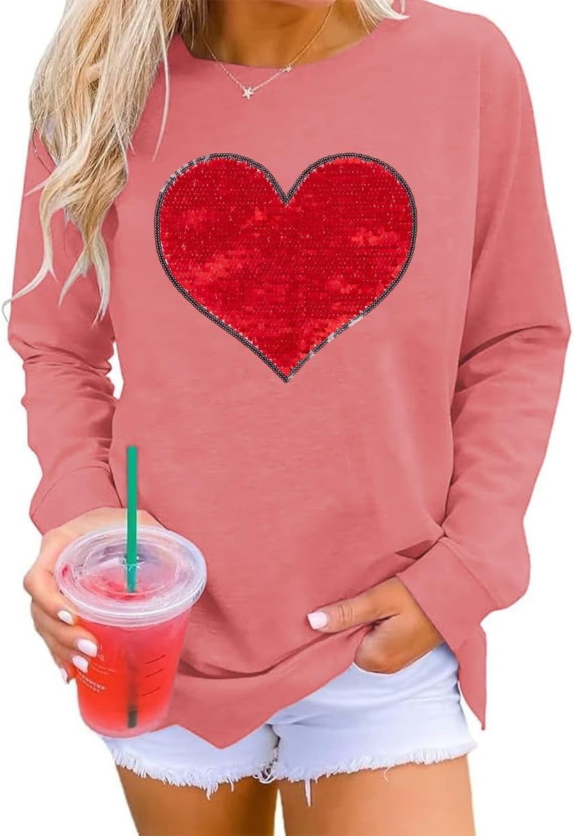 Qbily Women's Sequins Heart Sweatshirt Casual Casual Long Sleeve Crew Round Valentines Day Pullover Tops
