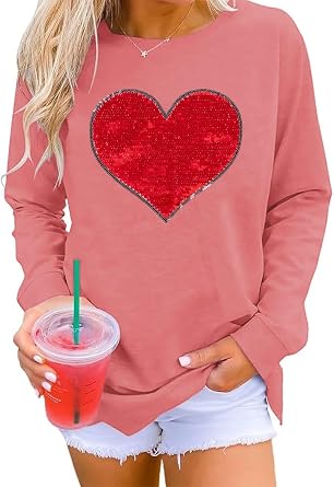 Qbily Womens Sequins Heart Sweatshirt Casual Casual Long Sleeve Crew Round Valentines Day Pullover Tops