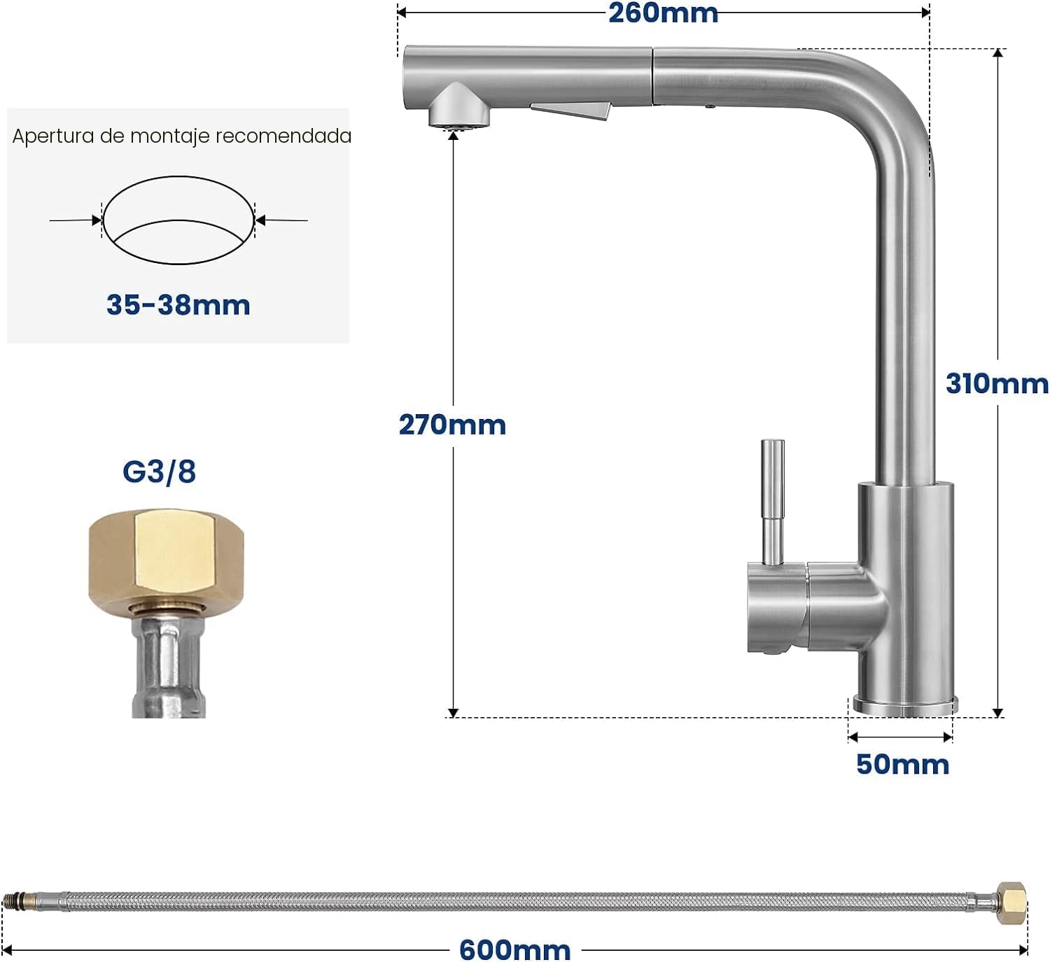CECIPA Fregadero de Cocina de Acero Inoxidable 40 x 45 cm + Grifo de Cocina Extensible Juego Completo de Fregadero Cuadrado Integrado para Base de Armario 40 cm
