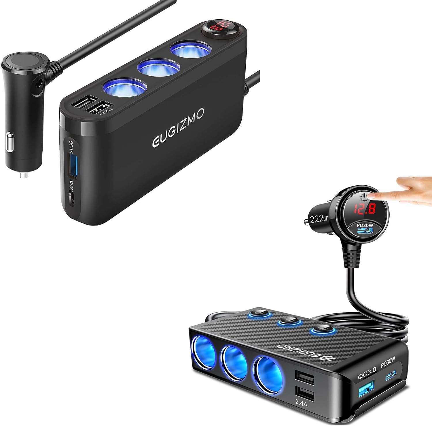 Car Cigarette Lighter Splitter Quick Charge 3.0 and USB C Charger 12V Car Plug Outlet Splitter with LED Voltage Display Independent Switches