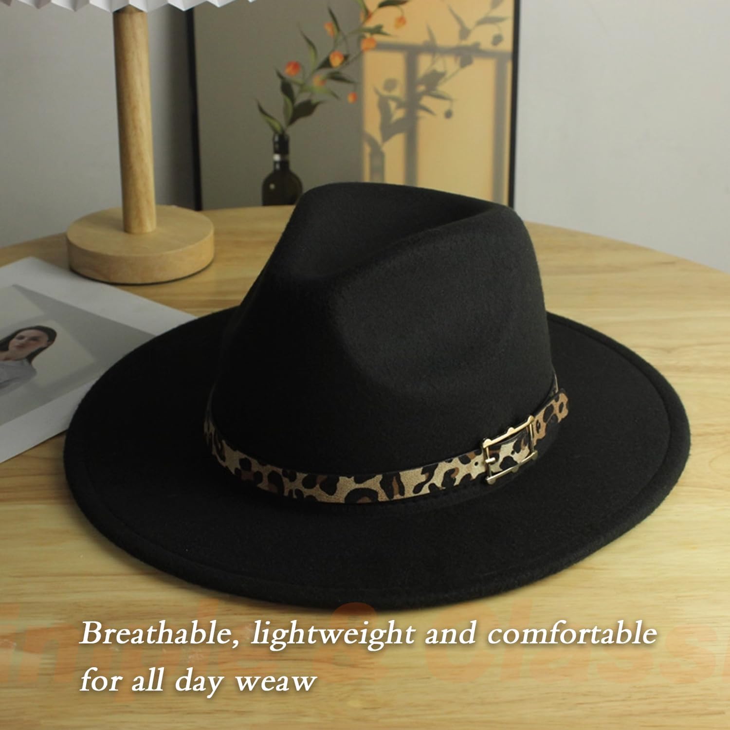 Happyupcity Class Wide Brim Felt Fedora Hat with Leopard Belt Buckle Retro Style Panama Hat Jazz Trilby Cap for Women Men