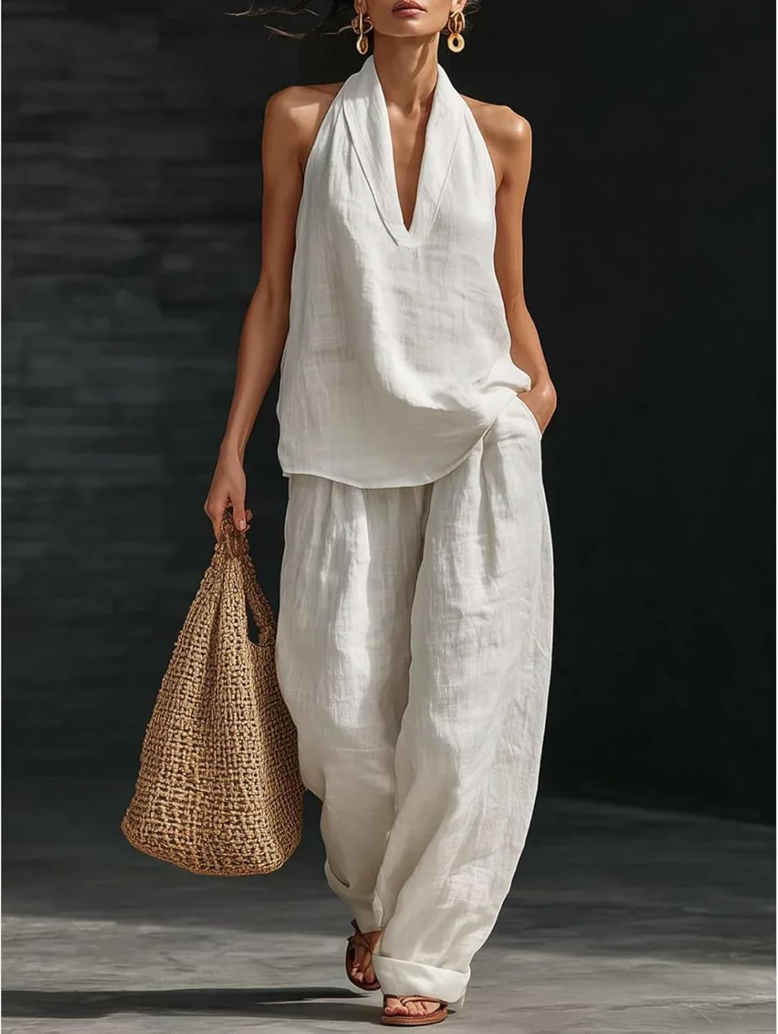Casual and Cozy Minimalist Linen Two-Piece Set, V-Neck Sleeveless Top and Wide Leg Pants Set, Soft & Breathable Fabric