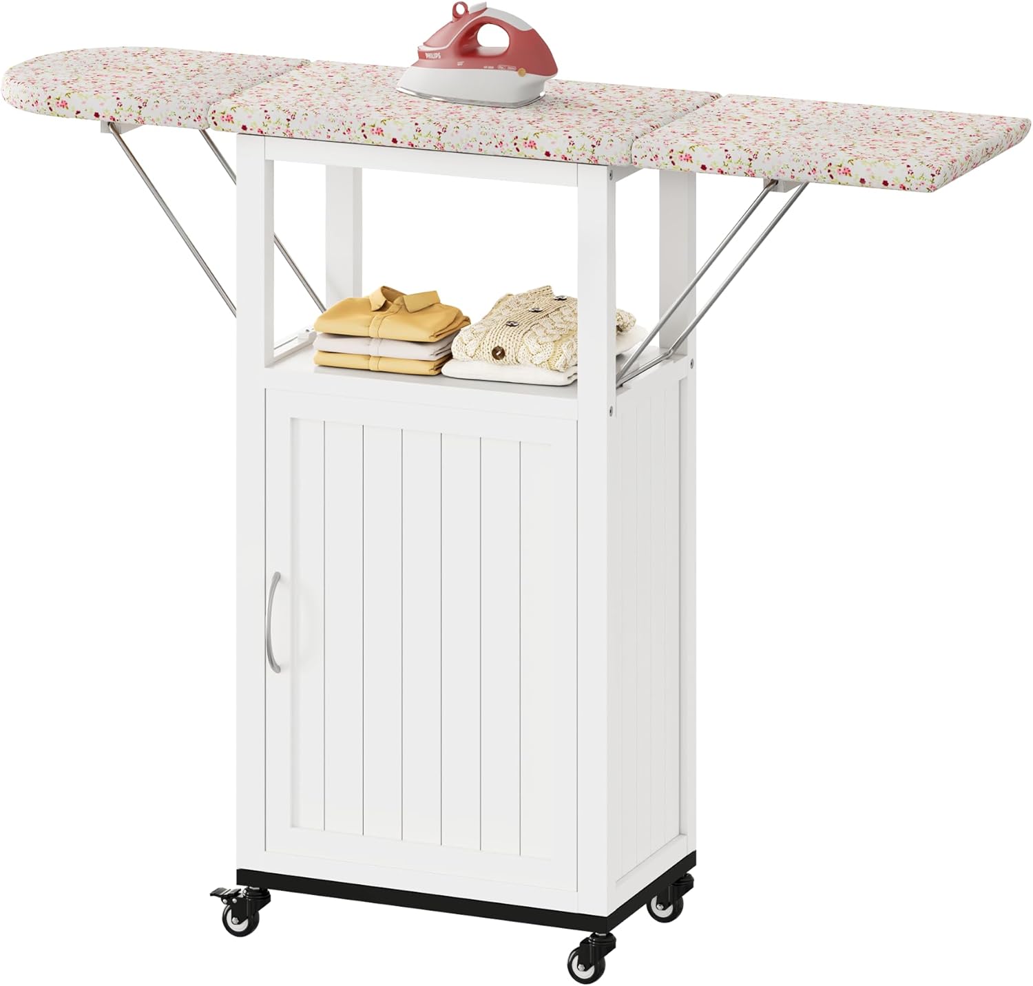 Rolling Ironing Board with Storage Cabinet, Folding Ironing Board with Wheels, Craft Table with Storage, Wooden Fold Down Ironing Station with Heat-Resistant Sponge(White with Wheels)