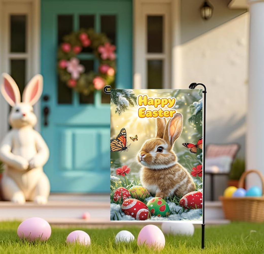 Happy Easter Garden Flags for Outside 12x18 Double Sided, Small Burlap Floral Butterfly Eggs Bunny Garden Flags Easter Holiday Outdoor Yard Decorations - Image 5