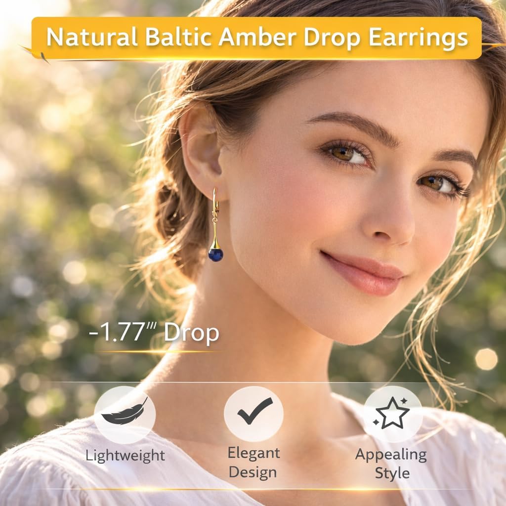 Ball Bead Earrings for Women – Gold-Plated 925 Sterling Silver Drop Earrings with Natural Baltic Amber, Lightweight Dangle Jewelry Gift for Everyday Elegance