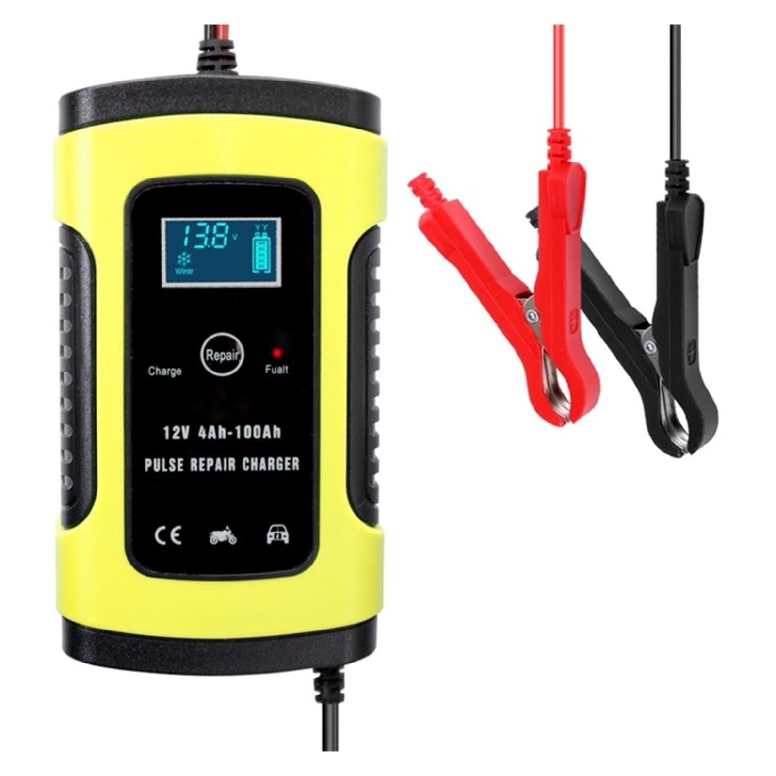 12V 6A naprawa impulsów inteligentna ładowarka wyświetlacz LCD do ciężarówki motocykl samochód 12V AGM żel suchy mokry akumulator kwasowo-ołowiowy 75AH 90AH 100AH(Yellow)