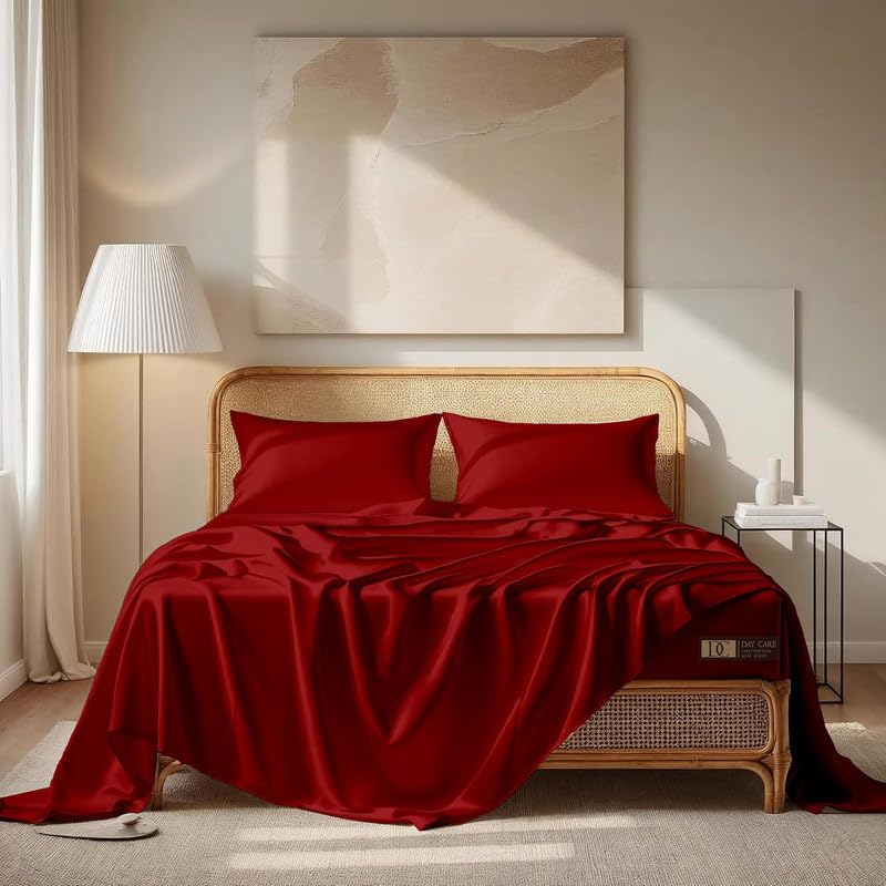 Image of Day Care-Luxury Satin Flat Single Bed (60x90 Inchs) Bedsheet|Ultra Soft Silky Smooth Touch|Breathable, Lightweight & Skin Friendly|Wrinkle Resistant|Crimson Burgundy