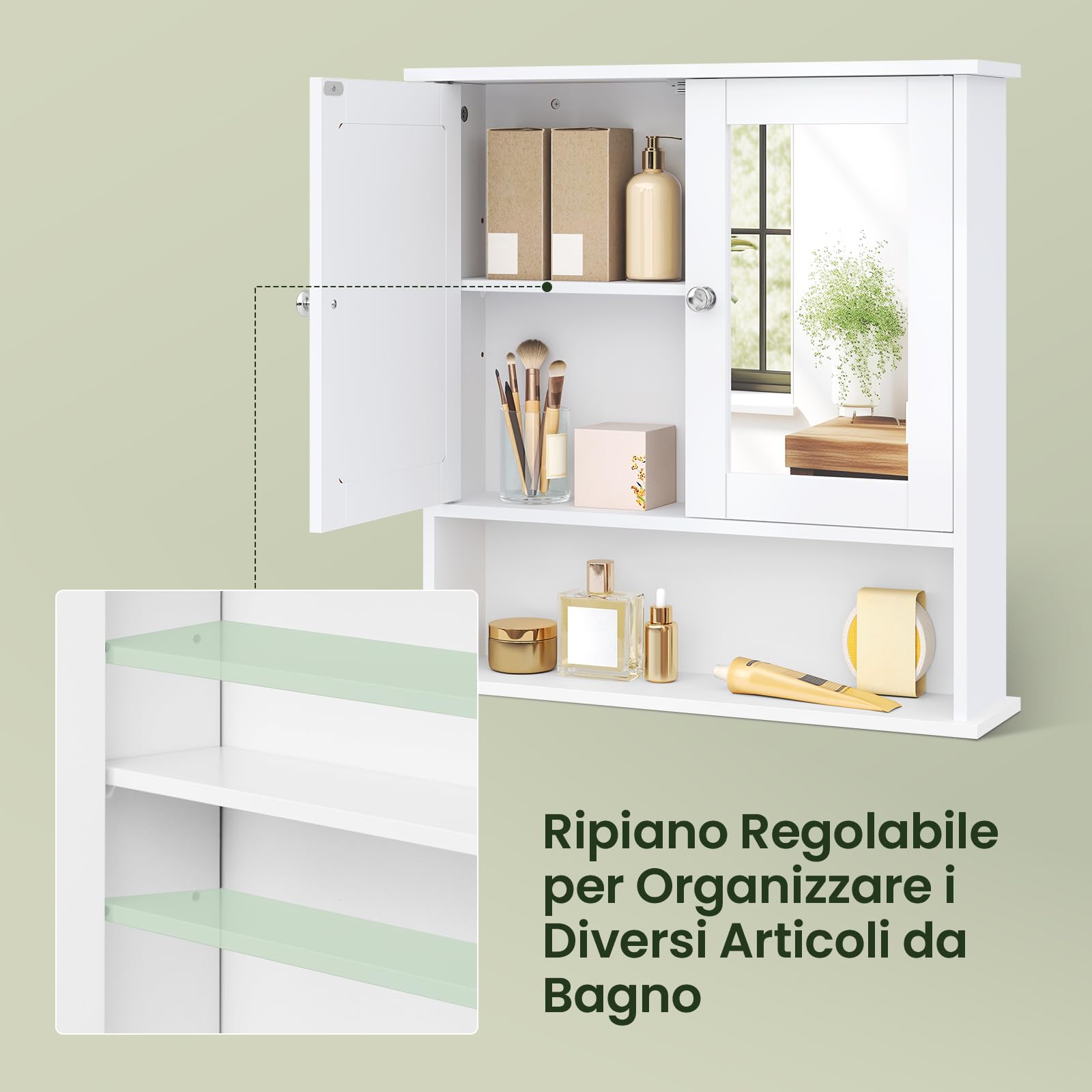 EUGAD Mobiletto Pensile da Bagno con Specchio Salvaspazio Armadietto da Lavabo con Due Porte 56 * 13.5 * 58.5cm Bianco
