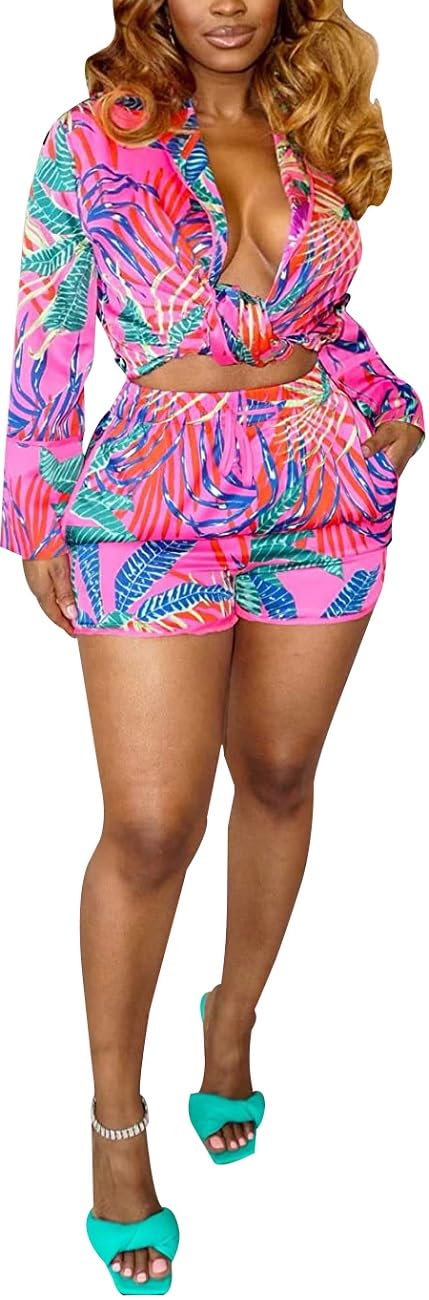 Glozeplus Women's 2 Piece Jumpsuit Floral Print Summer Long Sleeve Crop Top Bodycon Short Pant Set Outfits