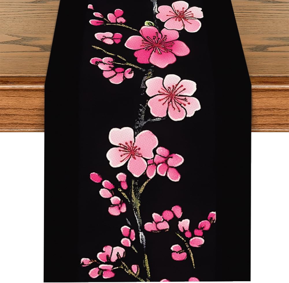 ANNA QUEEN Cherry Blossom Table Runner 13x72 Inch, Japanese Sakura Floral on Black Background, Elegant Table Decor for Wedding, Dining Table, Tea Ceremony, or Home Decoration