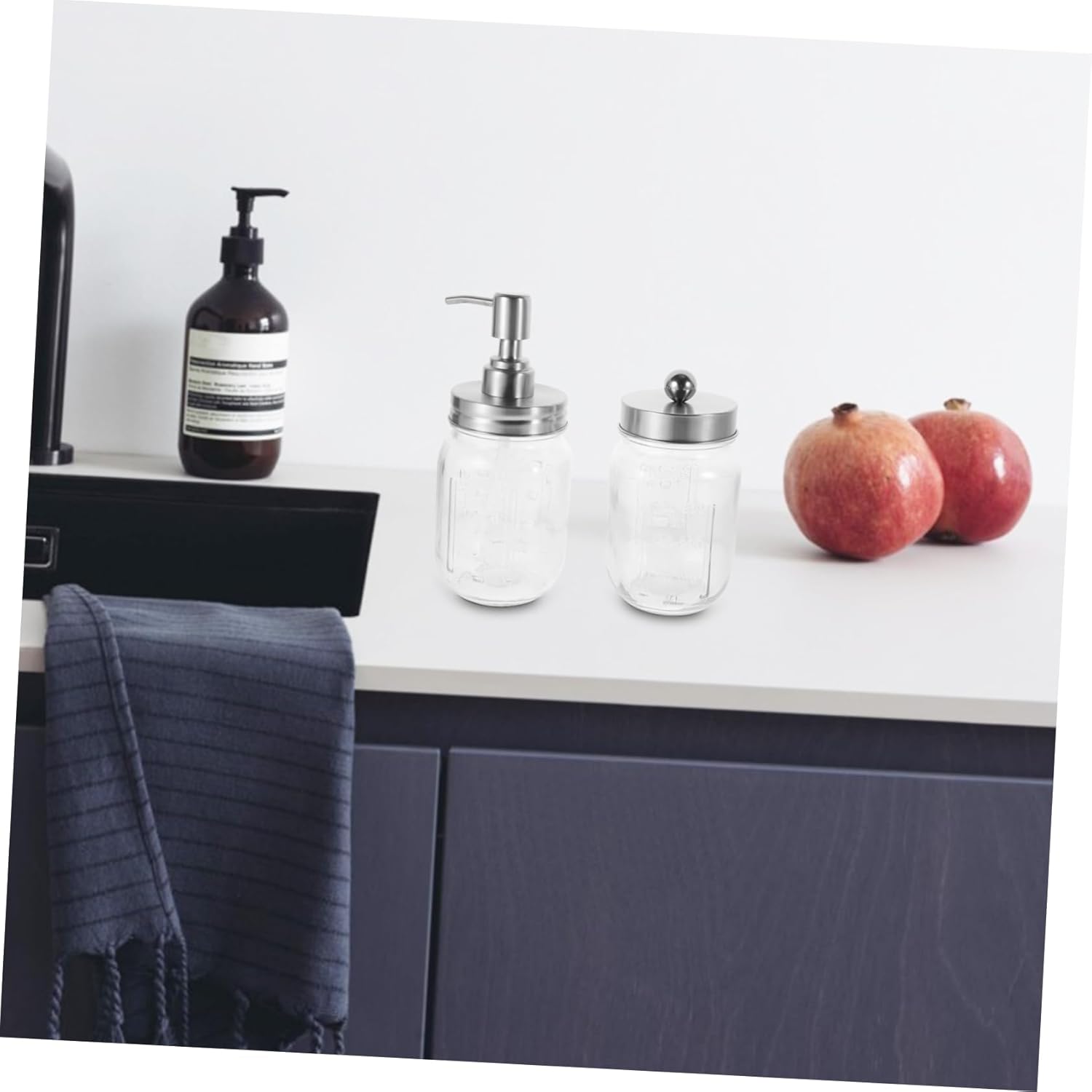 PRETYZOOM Mason Jar Bathroom Accessory Set 5 Piece Rustic Farmhouse Decor Including Soap Dispenser Toothbrush Holder and 3 Cotton Ball Containers for Bathroom Organization