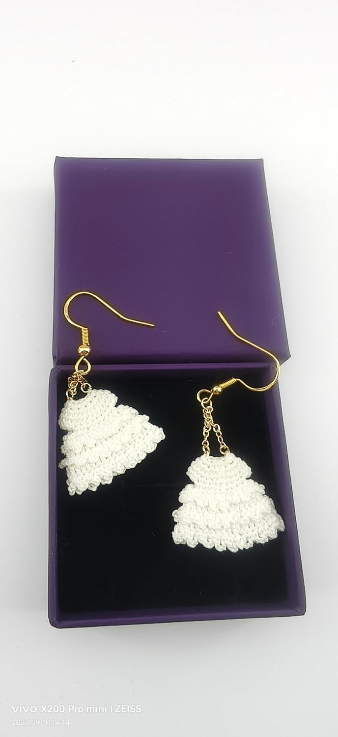 Handcrafted White Crochet Dangle Earrings, Elegant Tiered Design, Gold-Tone Hook, Traditional Style - Image 5