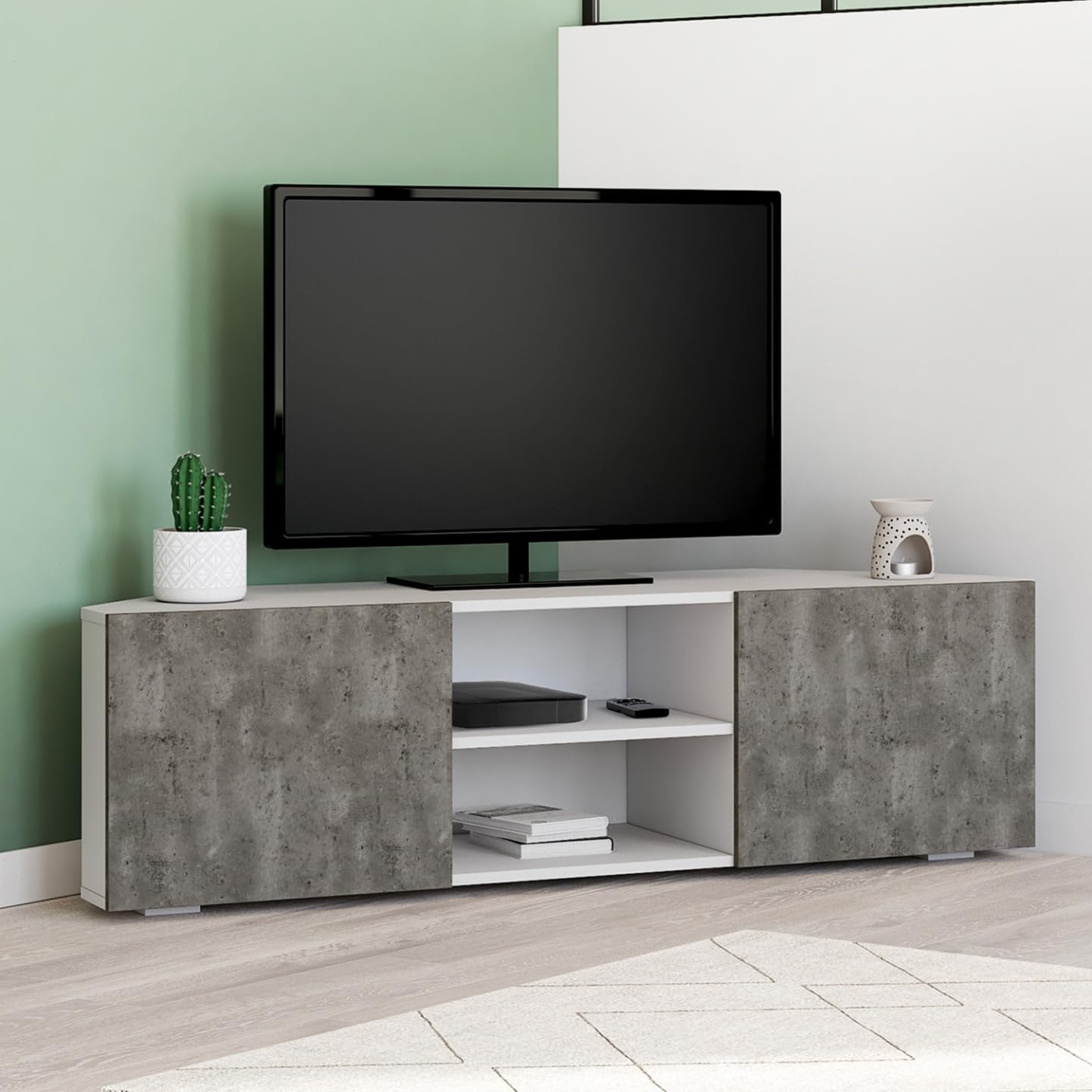 IDMarket - Meuble TV 110 cm d'angle ELI Blanc Portes Effet béton
