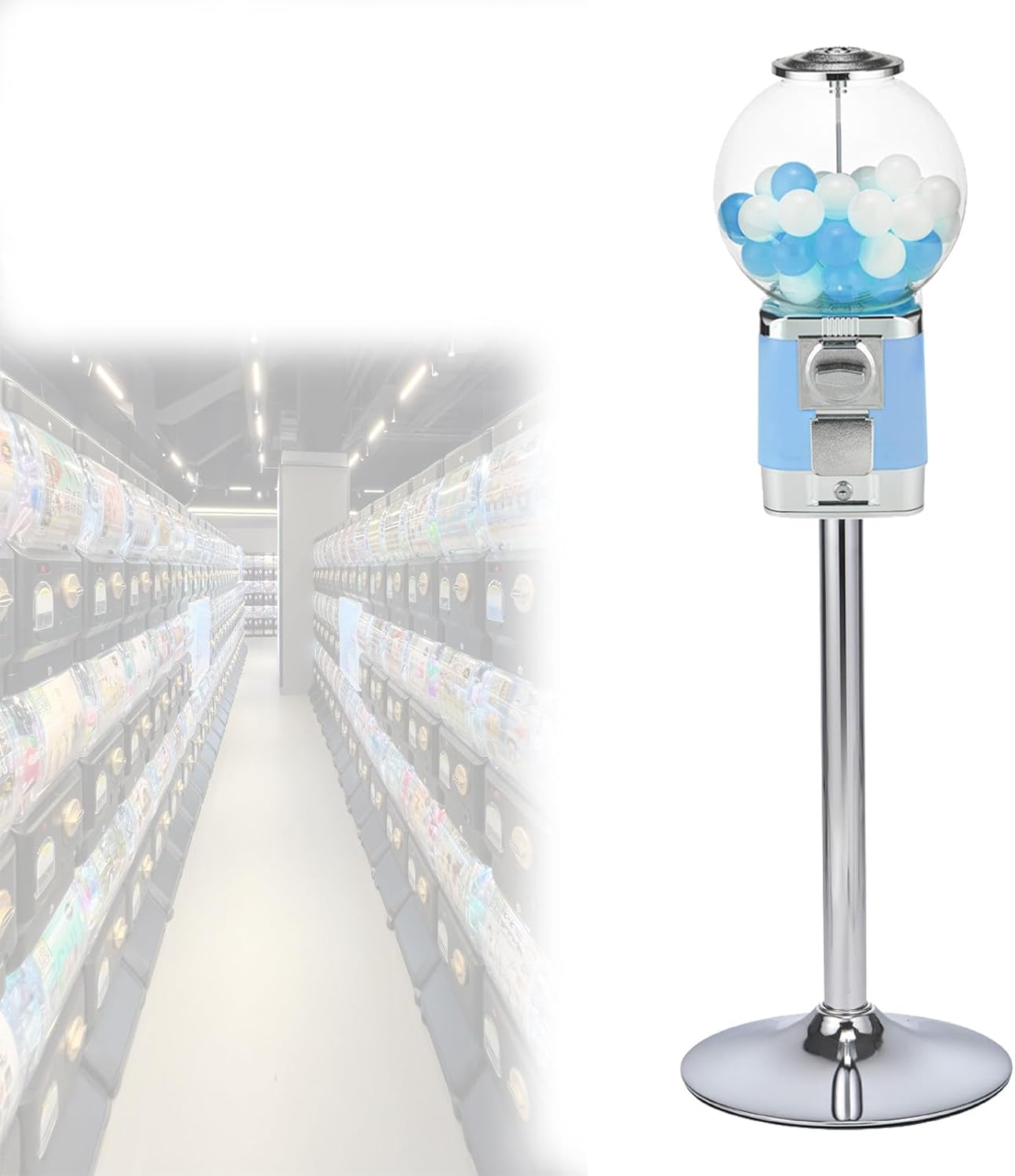 Classic Gumball Machine & Bubble Capsule Toy Dispenser, Commercial Vending Machine with Key, Silver Drawer, Light Blue - Perfect for Candy and Toy Fun!