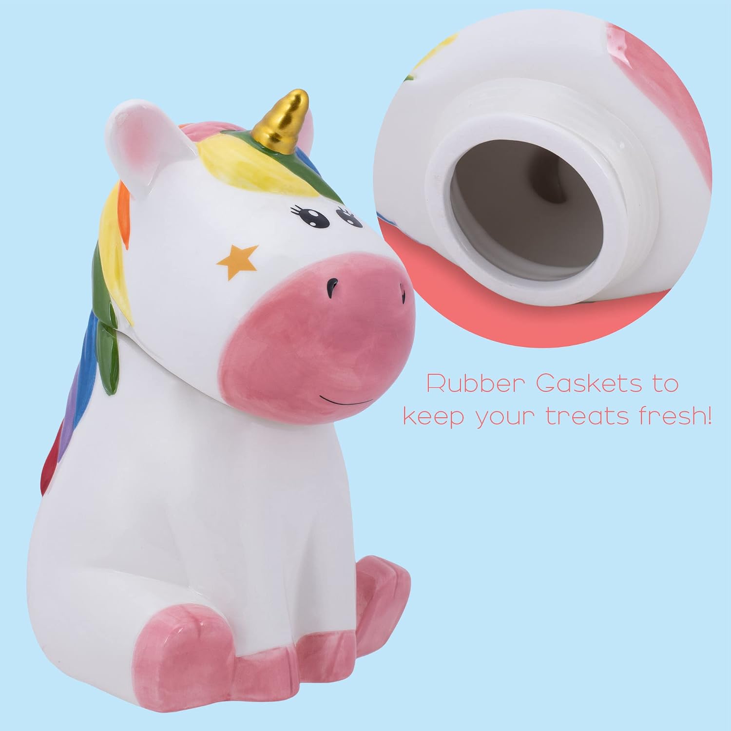 Dolomite Ceramic 10 x 7.3 Everyday Cookie & Candy Jar with Airtight Lid: Perfect for Kitchen Canisters, Pet Treat Containers & Decorative Magical Storage, Rainbow Unicorn With Stars image 4
