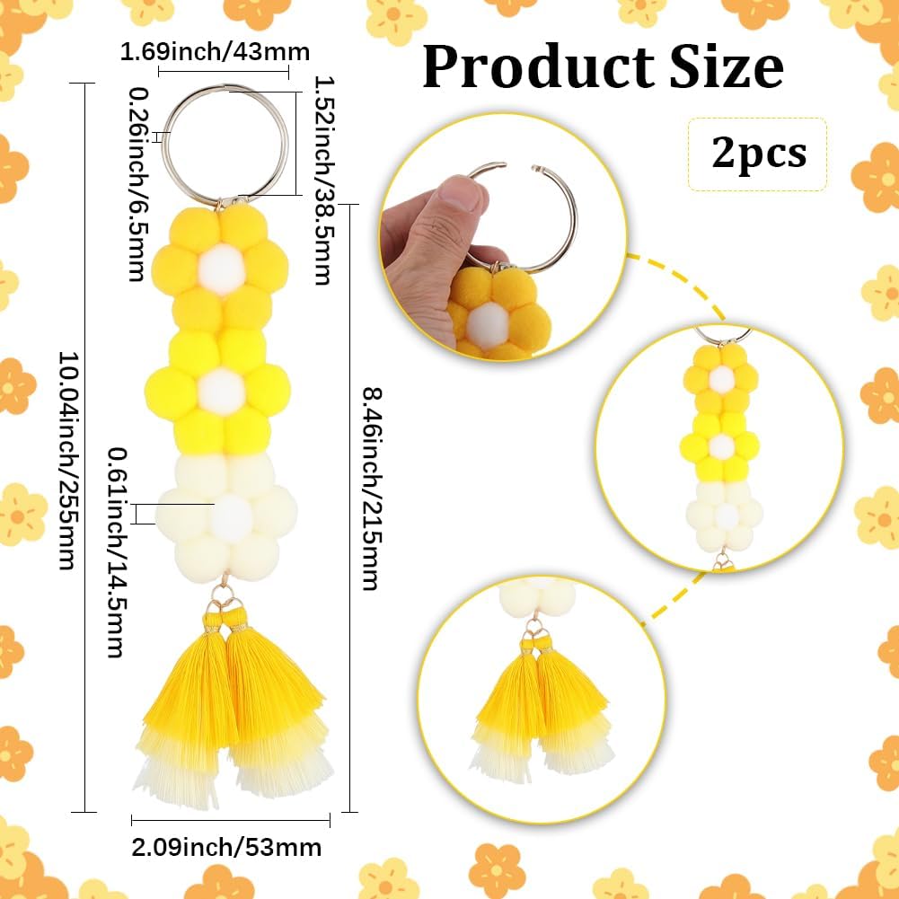 Beebeecraft 2Pcs 10 Inch Yellow Flower Keychain Terylene Cotton Floral Tassel Bag Charm Colorful Summer Theme for Bag Purse Handbag Decoration