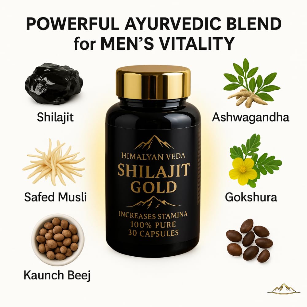 HIMALYAN VEDA Shilajit Gold Capsules for Men & Women | 30 Ayurvedic Capsules with 24 Carat Gold, Ashwagandha, Gokshura & Safed Musali | Natural Herbal Supplement for Energy, Stamina, Strength & Daily Wellness Support — Amazon image 2
