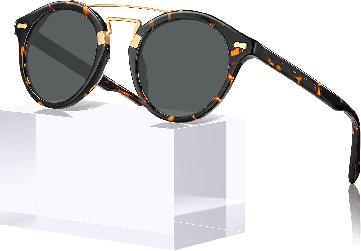 CARFIA Small Face Acetate Double Bridge Sunglasses for Women Polarized UV Protection, Retro Metal Brow Eyewears Round Sunnies