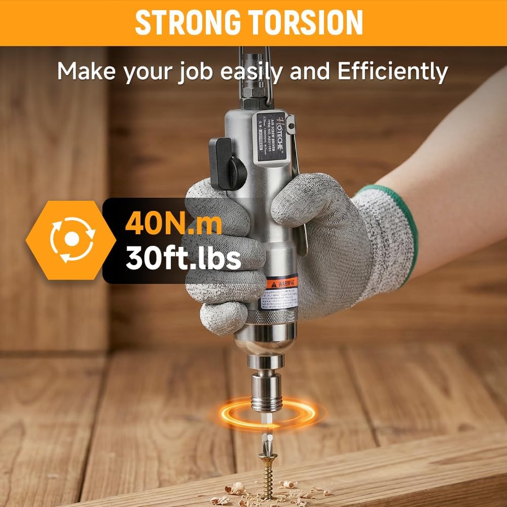 Hoteche Air Screw Driver, 40NM Torque, 12000 RPM, 4-5MM Capacity, with 3 Universal Inserts & 6.35MM Bit, Color Box