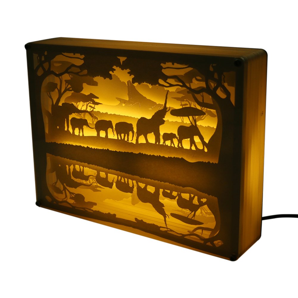 Papercut Light Boxes, CONMING USB LED Light Night Lamp with 3D Shadow Box Mood Light Soothing Light for Kids in Modern Living Atmosphere for Bedroom Living Room Use or Easter Festival Gift (Elephant)