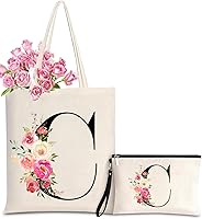 Nioobager Personalized Initial Canvas Tote Bag with Makeup Pouch - Monogrammed Floral Gift for Bridesmaids, Weddings, Birthdays