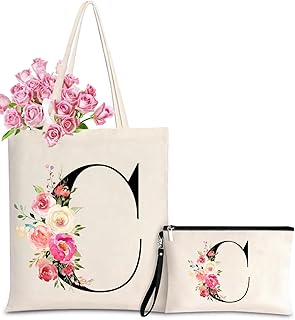 Initial Canvas Tote Bag for Women, Personalized Monogrammed Tote Bags with Makeup Gift Bag for Wedding Bridesmaids Birthday
