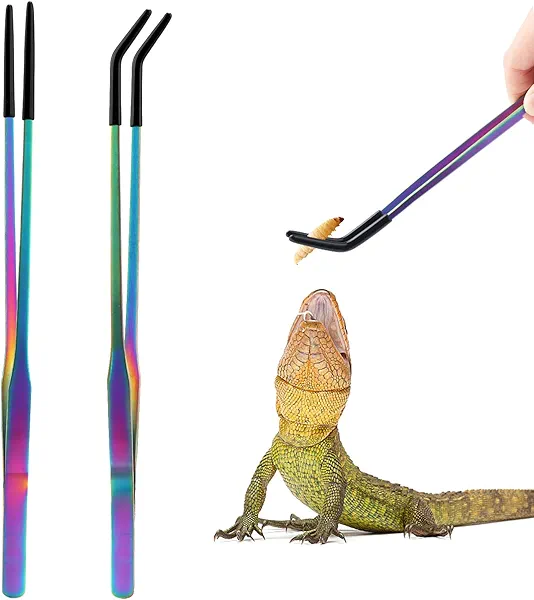 OLIISS Stainless Steel Reptile Feeding Tongs with Rubber Tip - 10.6" Straight & Curved Tweezers for Aquariums & Crafts - Feeder Tools for Bearded Dragons & Lizards - Terrarium Tank Supplies - 2 Pack