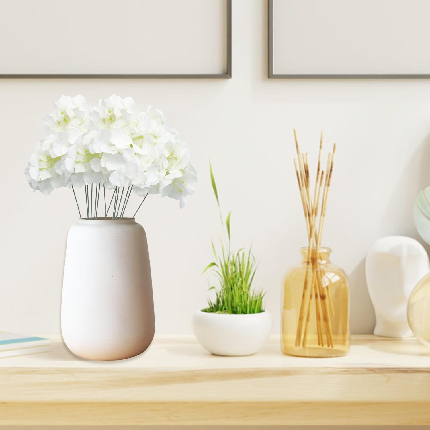 Pack of 10 Artificial Hydrangea Heads with Stems, Fluffy Large Panicle Hydrangea Fake Flowers for DIY Flower Arrangements, Wedding Party Home Office Decor (White)