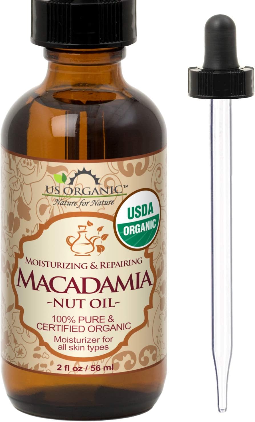 US Organic Macadamia Nut Oil Unrefined Virgin, USDA Certified Organic, Pure & Natural, Cold Pressed, Sourced in Kenya, in Amber Glass Bottle w/Glass Eye dropper for Easy Application (2 oz (Small))