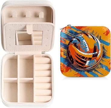 Colorful Volleyball Travel Jewelry Case Organizer, Jewelry Boxes with Mirror, PU Leather Jewelry Storage Holder for Rings Earrings Pendants Necklaces, Gifts for Girls Women