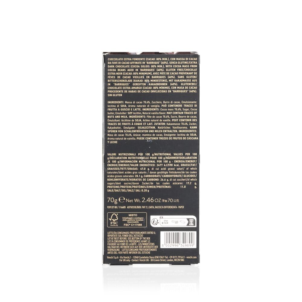 Venchi - Tableta de Chocolate Extra Fondant Aroma Barrica, 80%, 70 g - Con Mezclas de Cacao Seleccionadas - Sin Gluten - Vegano