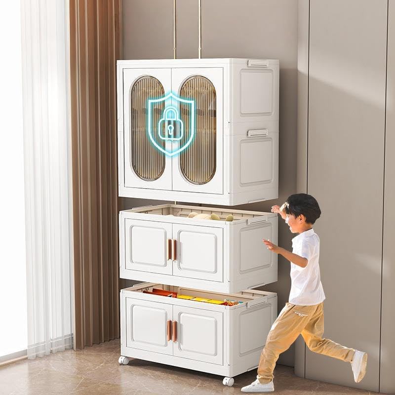 Image of Plastic Wardrobe for Cloths | 4 Layer Stackable Almirah with Hanging Rod, Transparent Doors, Wheels | Foldable Storage Cabinet Organizer for Clothes /Books /Toys