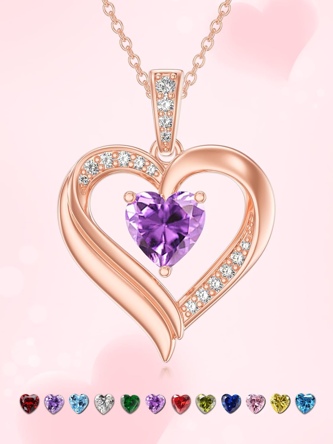 KQ&TTENG Birthstone Necklace Jewellery Rose Gold Heart Necklace Birthday Gifts for Women Wife Mother Her
