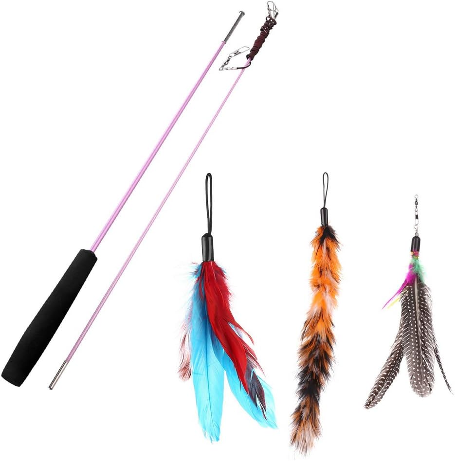 etrech Cat Teaser Catcher Toys, 2in 1 Wand with 3 Pcs Assorted Feather Refills - Perfect Interactive Toy for Exercising Kitten or Cat