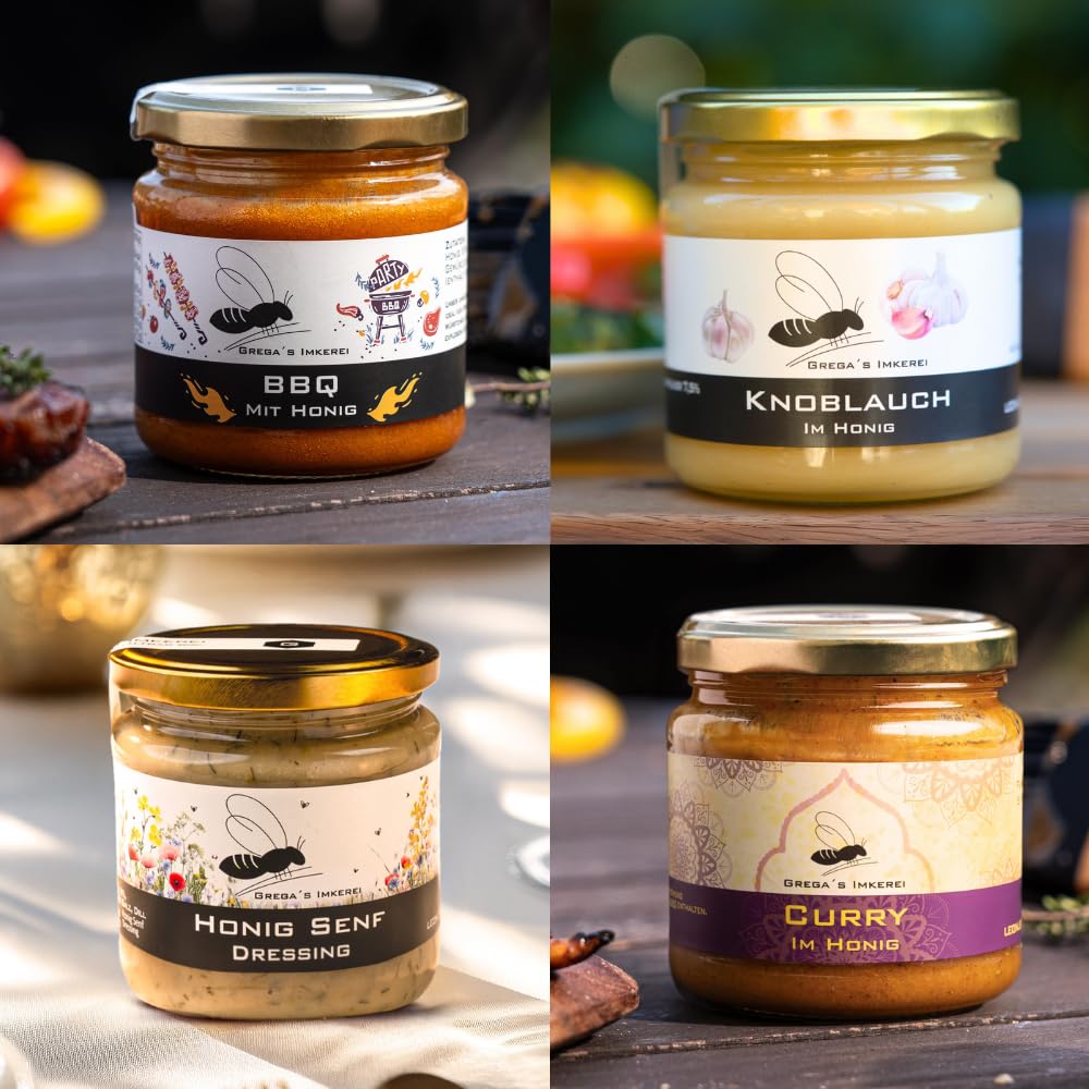 Grega’s BBQ Honig Grillset 6-teilig – BBQ Sauce & Gewürz Honige mit Grillpinsel Geschenk für Männer – Grillen, Marinieren & Verfeinern – Honigsüßes Grillsaucen Geschenkset
