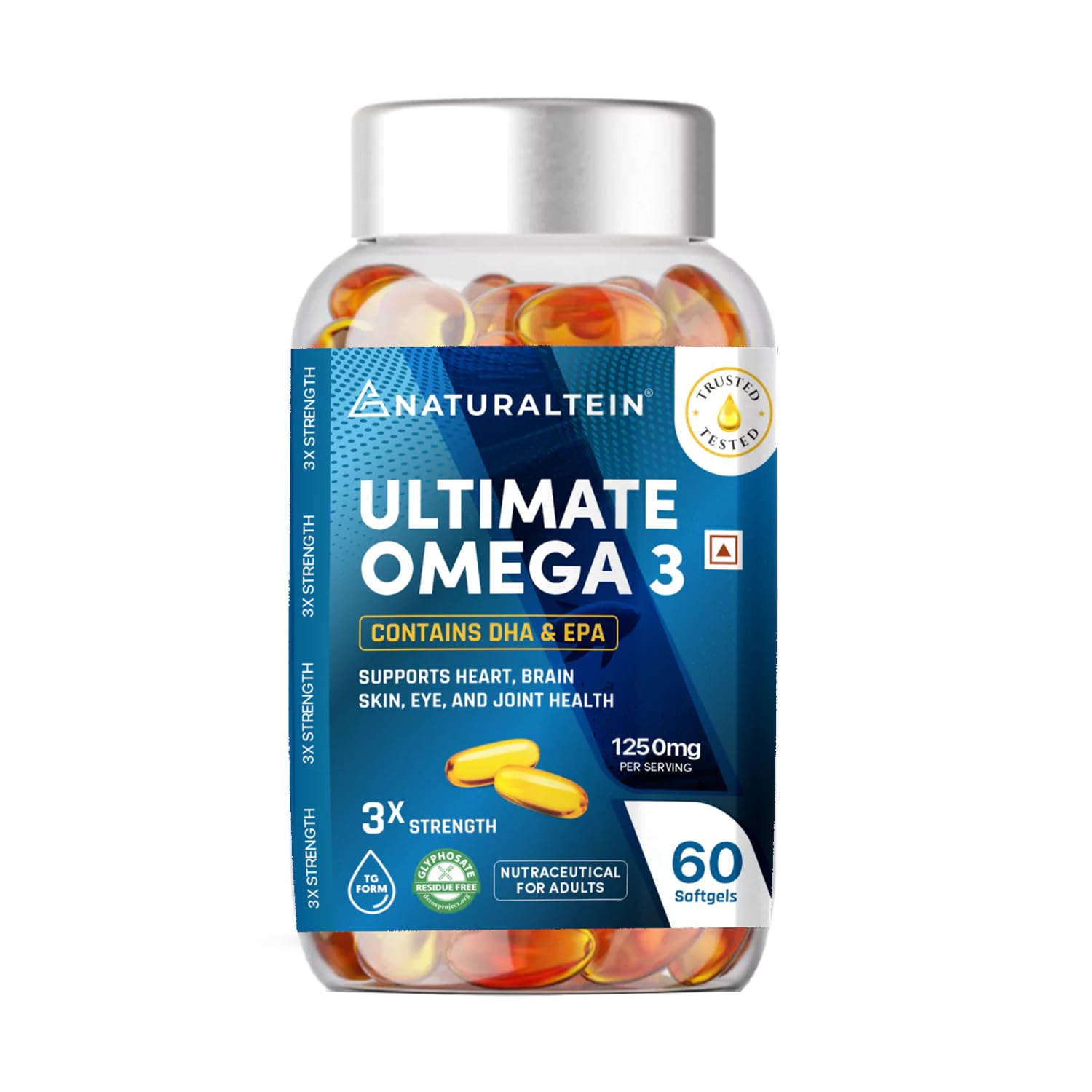 NATURALTEIN Omega-3 Fish Oil 1250mg Triple Strength Softgels | 450mg EPA & 300mg DHA in Triglyceride Form for Better Absorption | Heart, Brain, Eye & Joint Support | Glyphosate-Free.