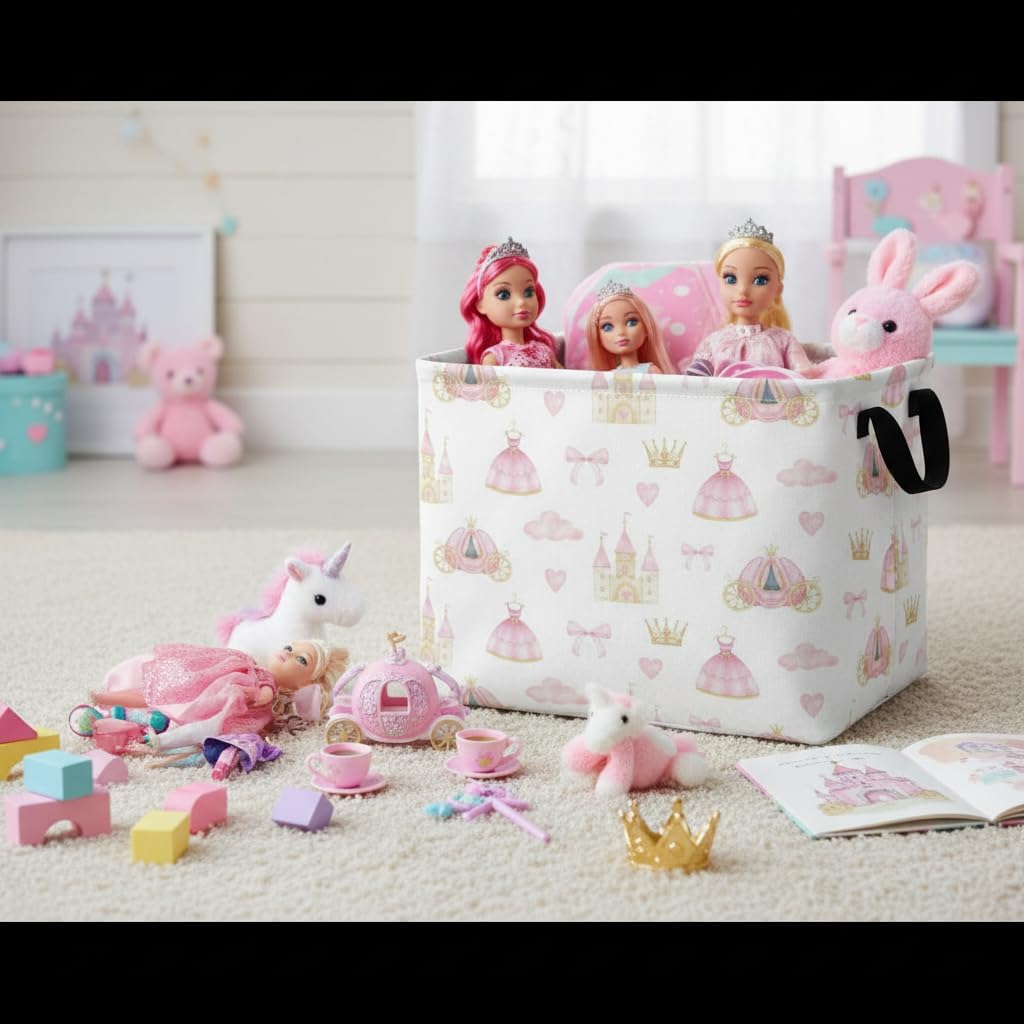 Rectangular Storage Basket Waterproof Storage Bin for Bedroom Collapsible Bin Books Box Basket Room Decor(Princess Castle) image 3