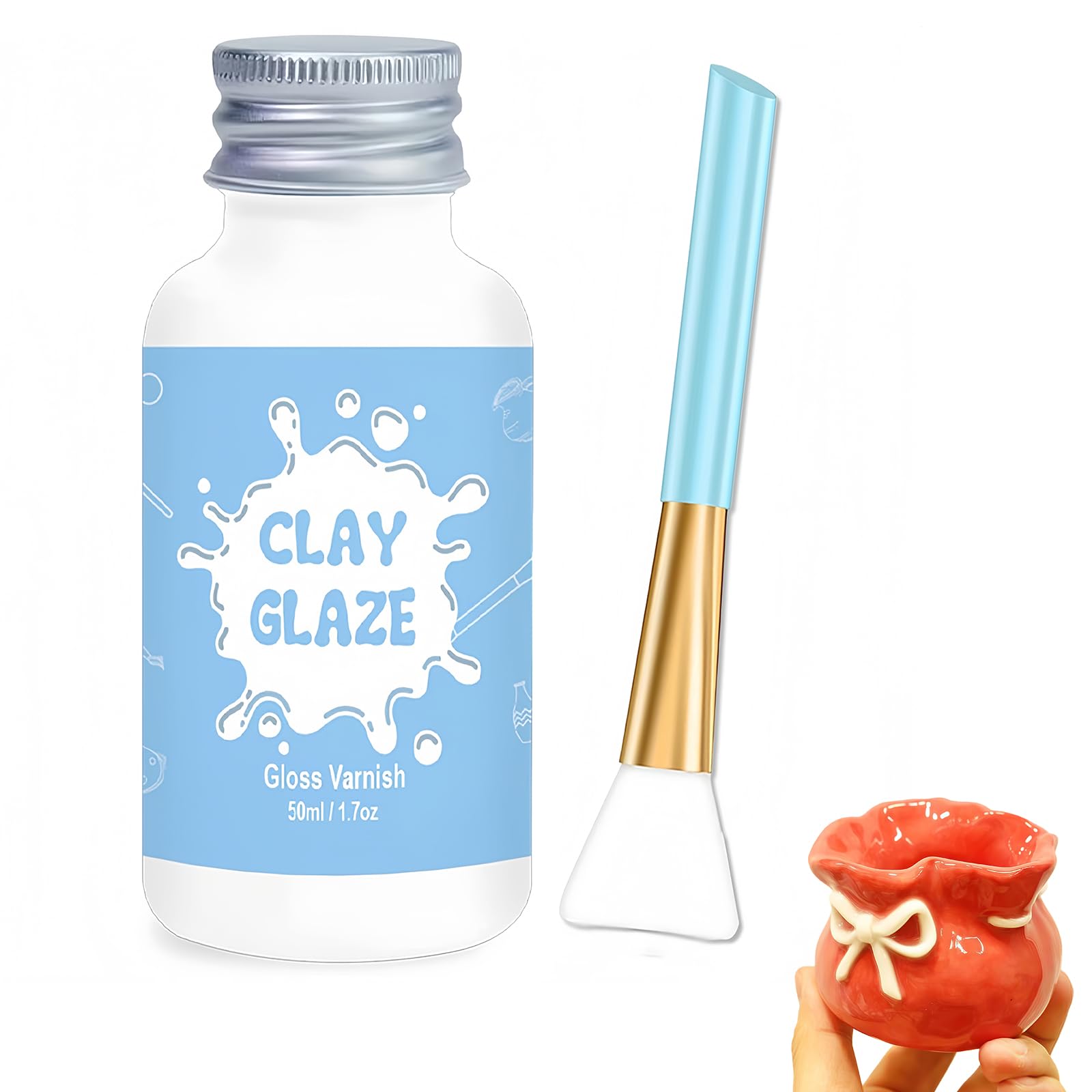 50ml Air Dry Clay Glaze with Brushes, Air Dry Clay Varnish for Airdry Clay, Varnish to Prevent Crack and Yellow, Clay Glaze for Craft Pottery, Oil Painting, Wood, High Gloss Scratch Resistant