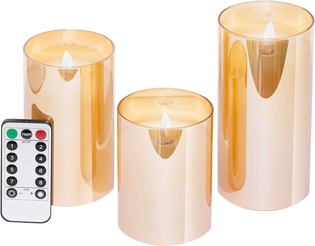 GloBrite Flickering Flameless Candles - Battery Operated Real Wax Pillar LED (4" 5" 6") | Glass Candles Set with Timer, & 10-Key Remote Control for Home Decor (Pack of 3)