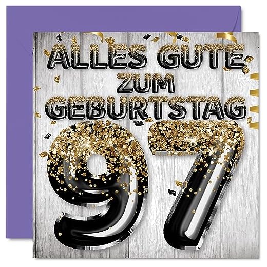 Stuff4 97. Tarjeta de cumpleaños para hombres – Globos con purpurina negra y dorada, tarjetas de felicitación de cumpleaños para 97 años, 145 mm, noventa y siete cumpleaños
