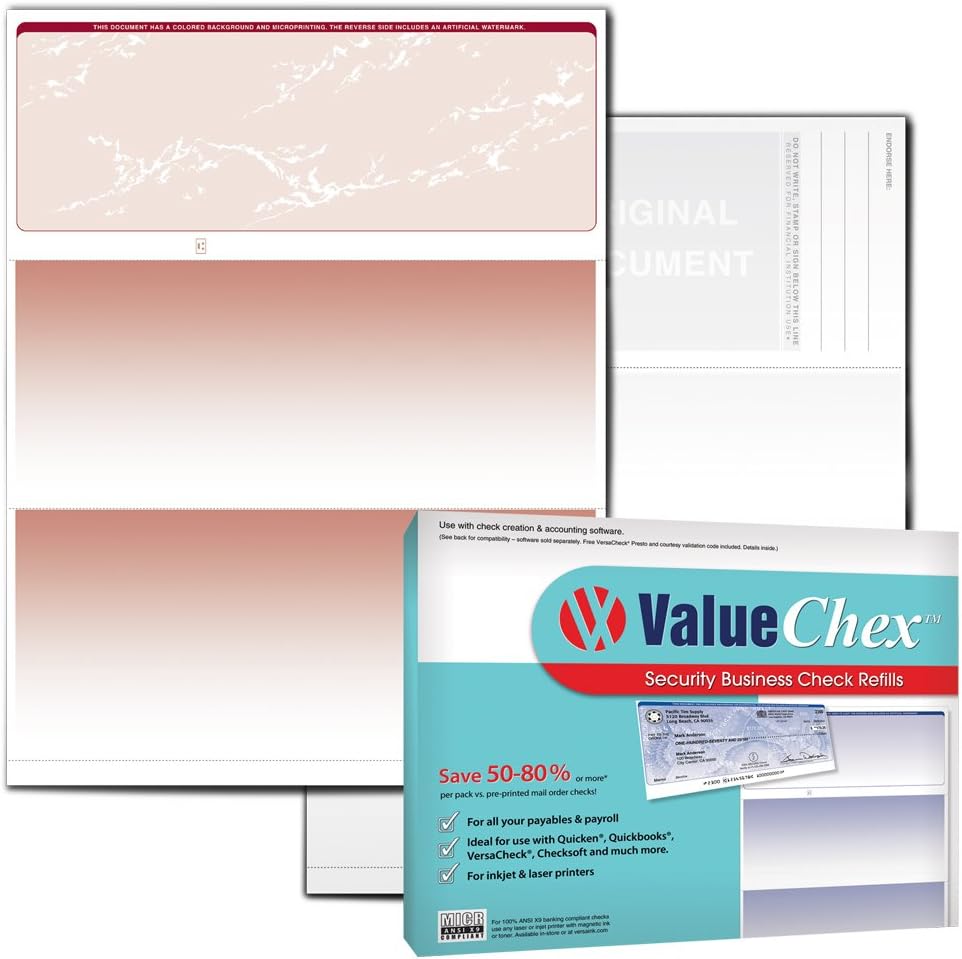 VersaCheck ValueChex - 1000 Blank Business Voucher Checks - Blue Prestige - 1000 Sheets Form #1000 - Check on Top : Office Products