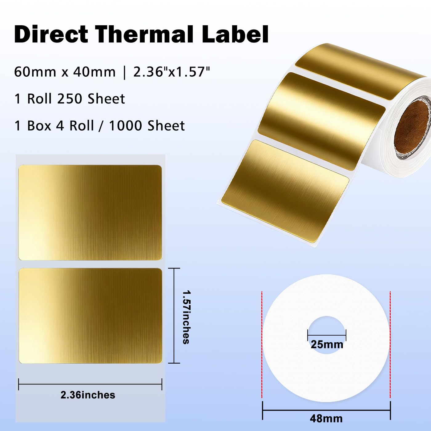 LENVII 60x40mm Etichette Termiche Dorato, 640 Fogli, per Stampanti Termiche | Etichette Adesive Termiche Oro spazzolato,4 Rotoli × 160, Stampa Nitida,Adesivi Resistenti a Strappi/acqua/Olio/Graffi,Calore