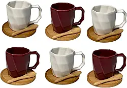 Kit 6 Canecas de Cerâmica 120ml com Colheres e Pires de Bambu – Design Minimalista, Ideal para Café e Presentes - E-FCS Store (Branco/Magenta)