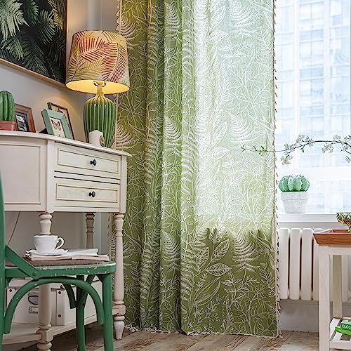 Sutuo Home Boho Curtain 84 Inches Length for Bedroom, Printed Cotton Linen Rod Pocket Rustic Farmhouse Bohemian Tassels Window Treatment, 1 Panel 59″ W x 84″ L, Green Tropical Leaves