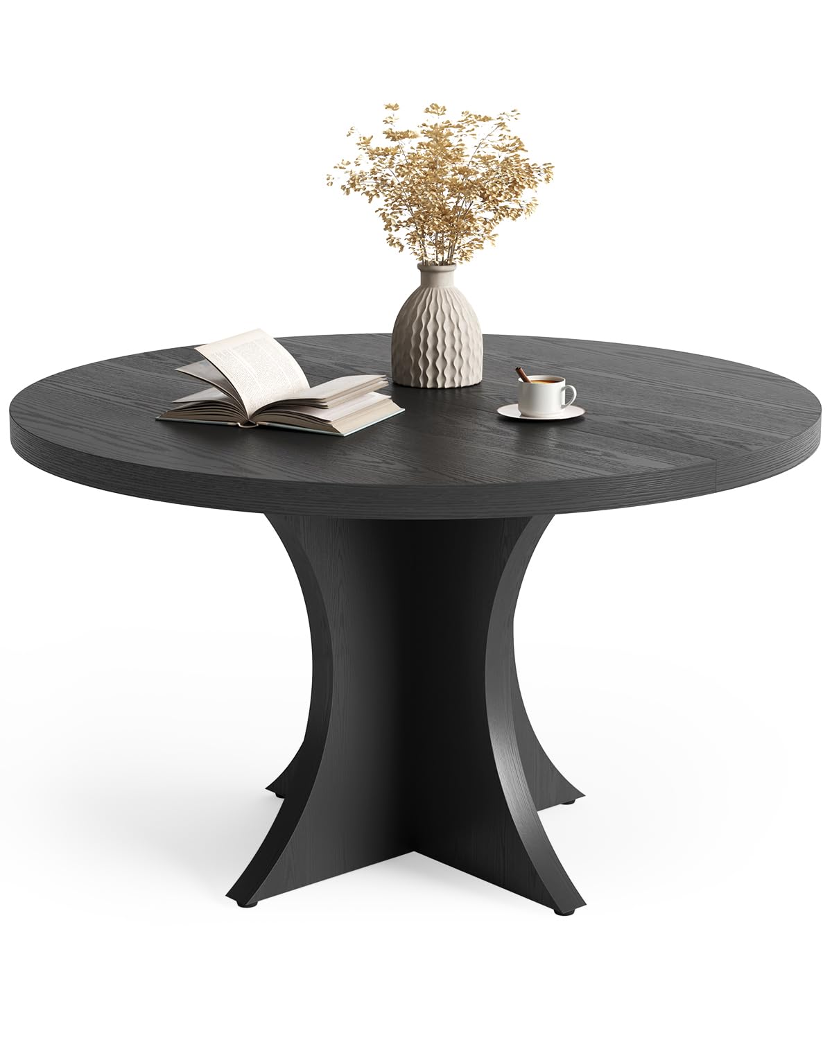 LITTLE TREE Round Dining Table for 4-6, 47.24 Inches Farmhouse Wooden Kitchen Table with Spacious Tabletop for Dining Room, Black