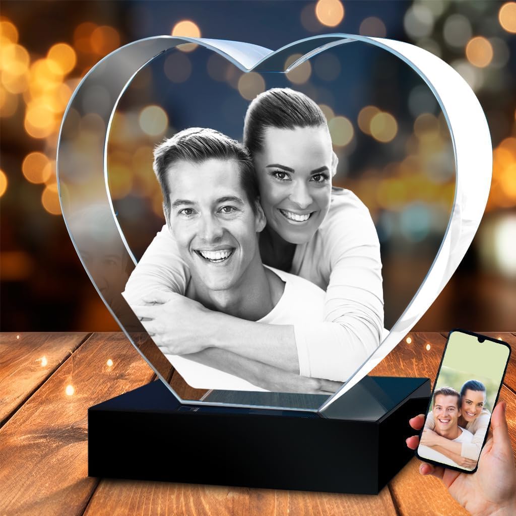 3D Crystal Photo, Personalized Gifts for Women, Wife, Men, Her, Him, Great Custom Gift With Your Own Photo, Customized Glass 3D Laser Etched Picture Wedding - Heart