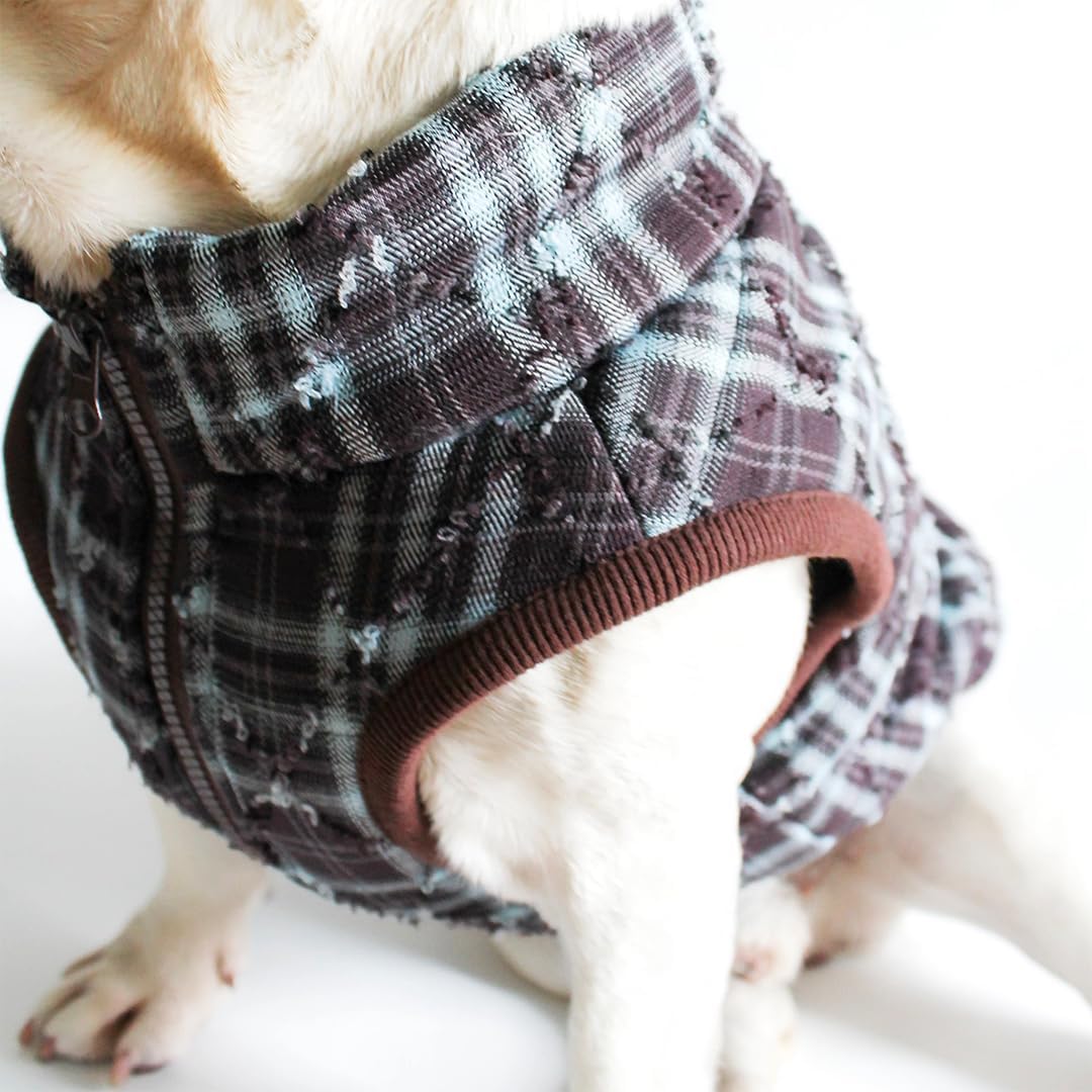 Dog Coat Fashion Jacket in Plaid, Winter Warm Pet Coat, Cold Weather Dogs Windproof Coat with A Zipper, Pet Snow Vest for French Bulldog