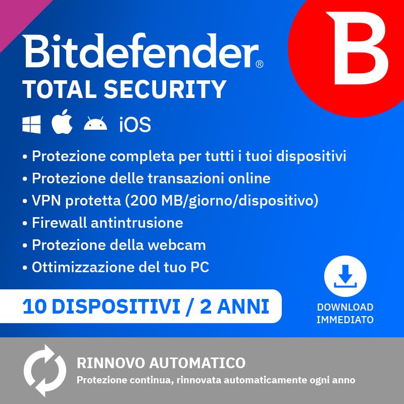 Bitdefender Total Security| 10 Dispositivi | 2 Anni | PC/Mac/iOS/Android | Codice di attivazione via...